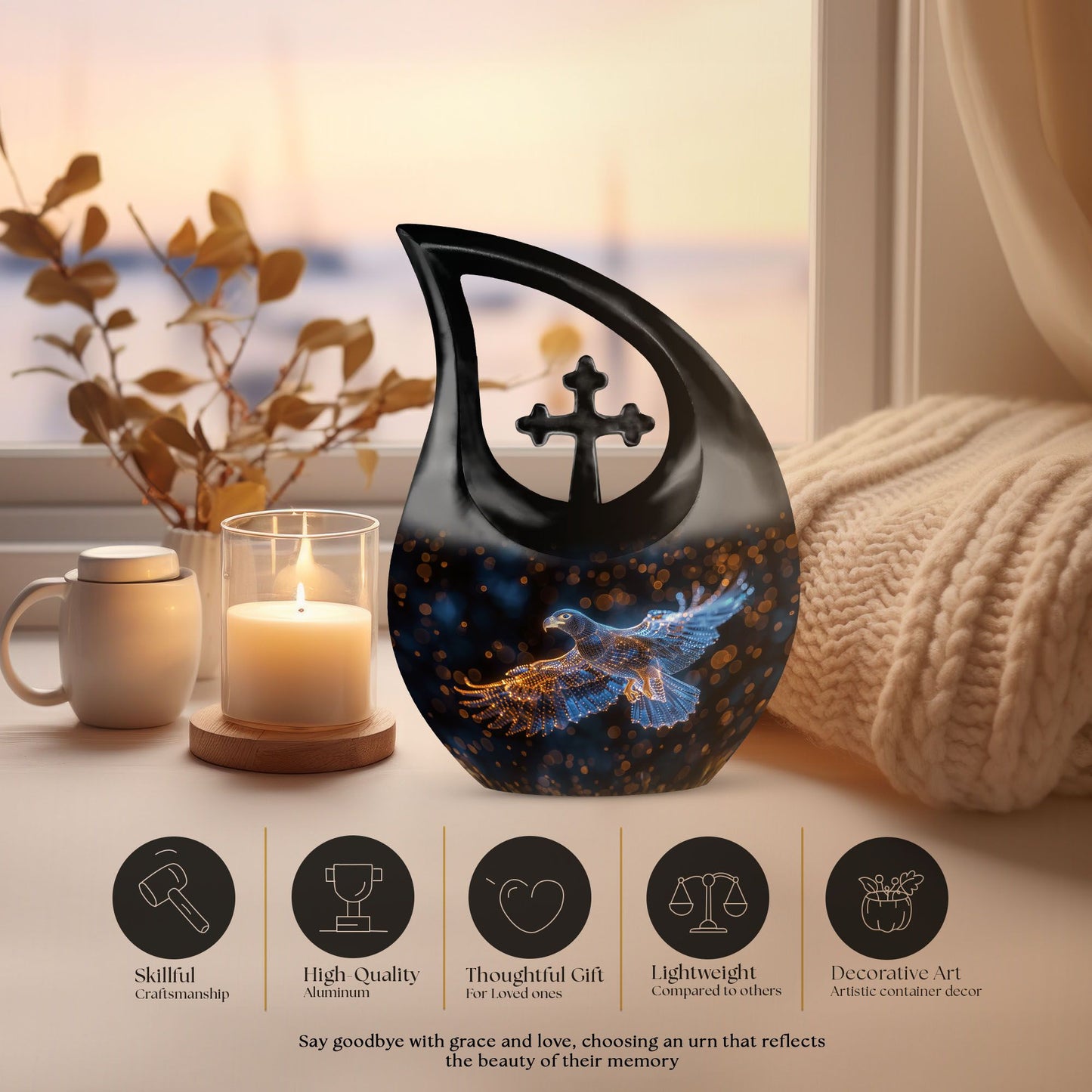 10-inch Eagles Themed Memorial Urn in Cross Drop Design