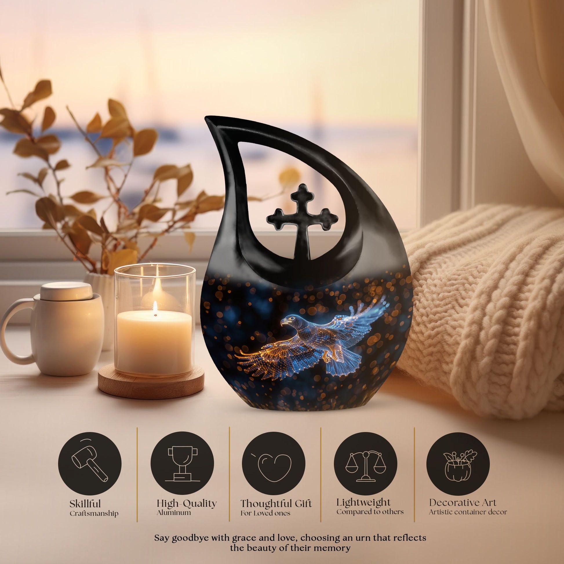 10-inch Eagles Themed Memorial Urn in Cross Drop Design