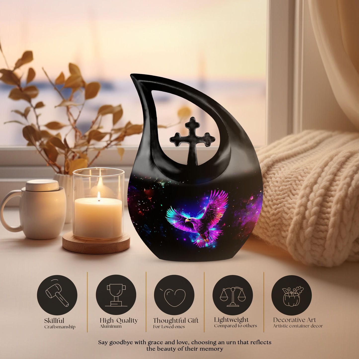 10-inch Eagle urn with cross drop design for garden ashes