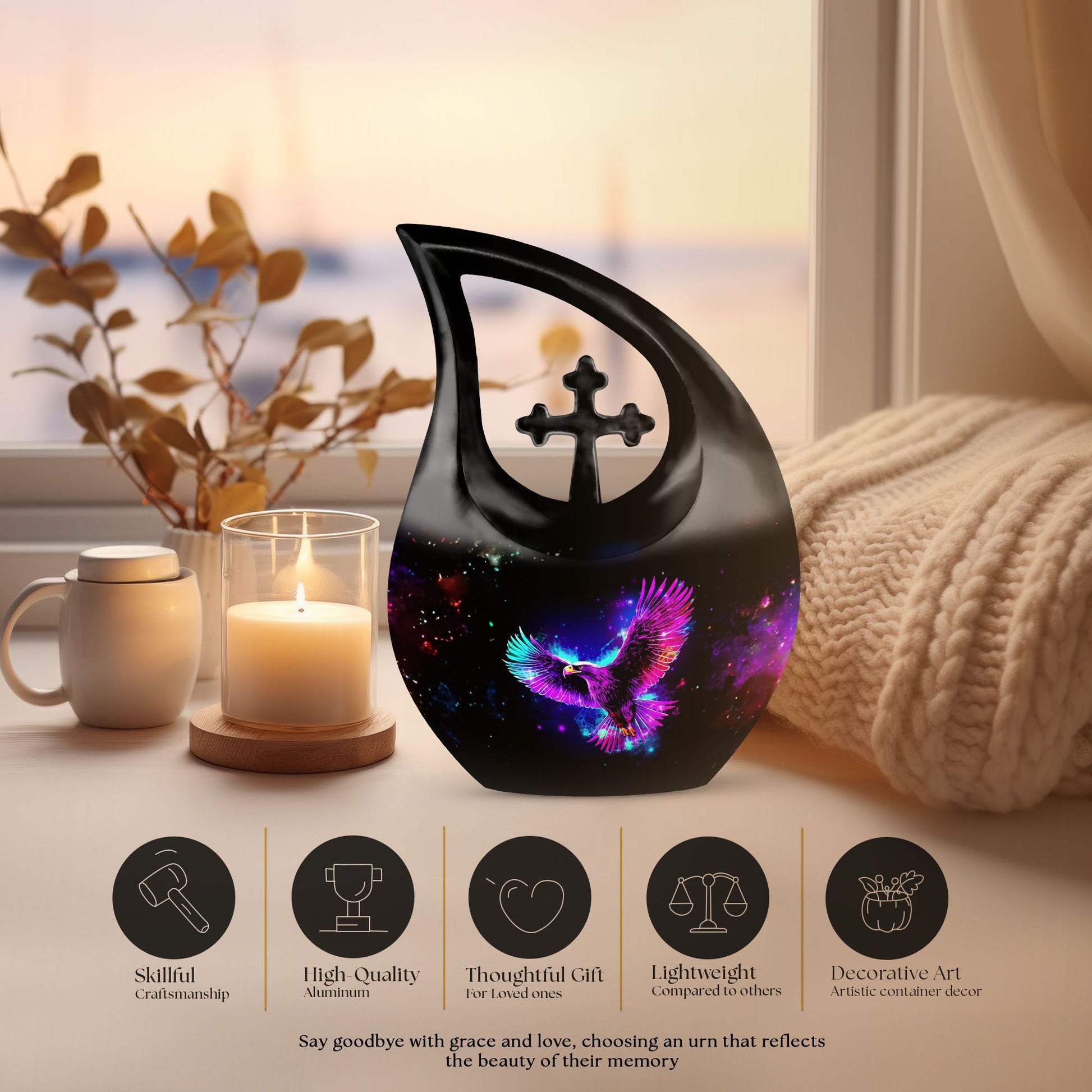 10-inch Eagle urn with cross drop design for garden ashes