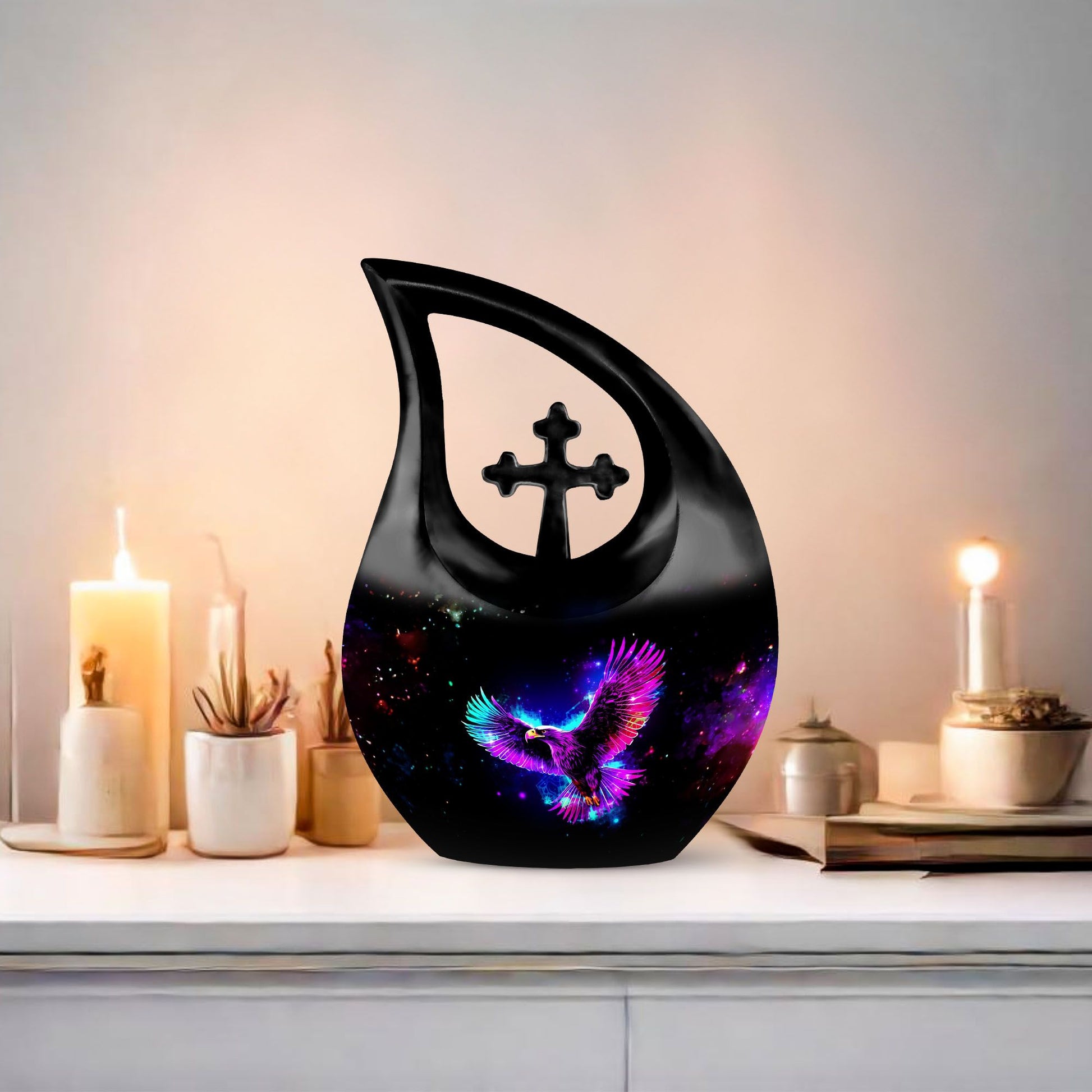 10-inch Eagle urn with cross drop design for garden ashes