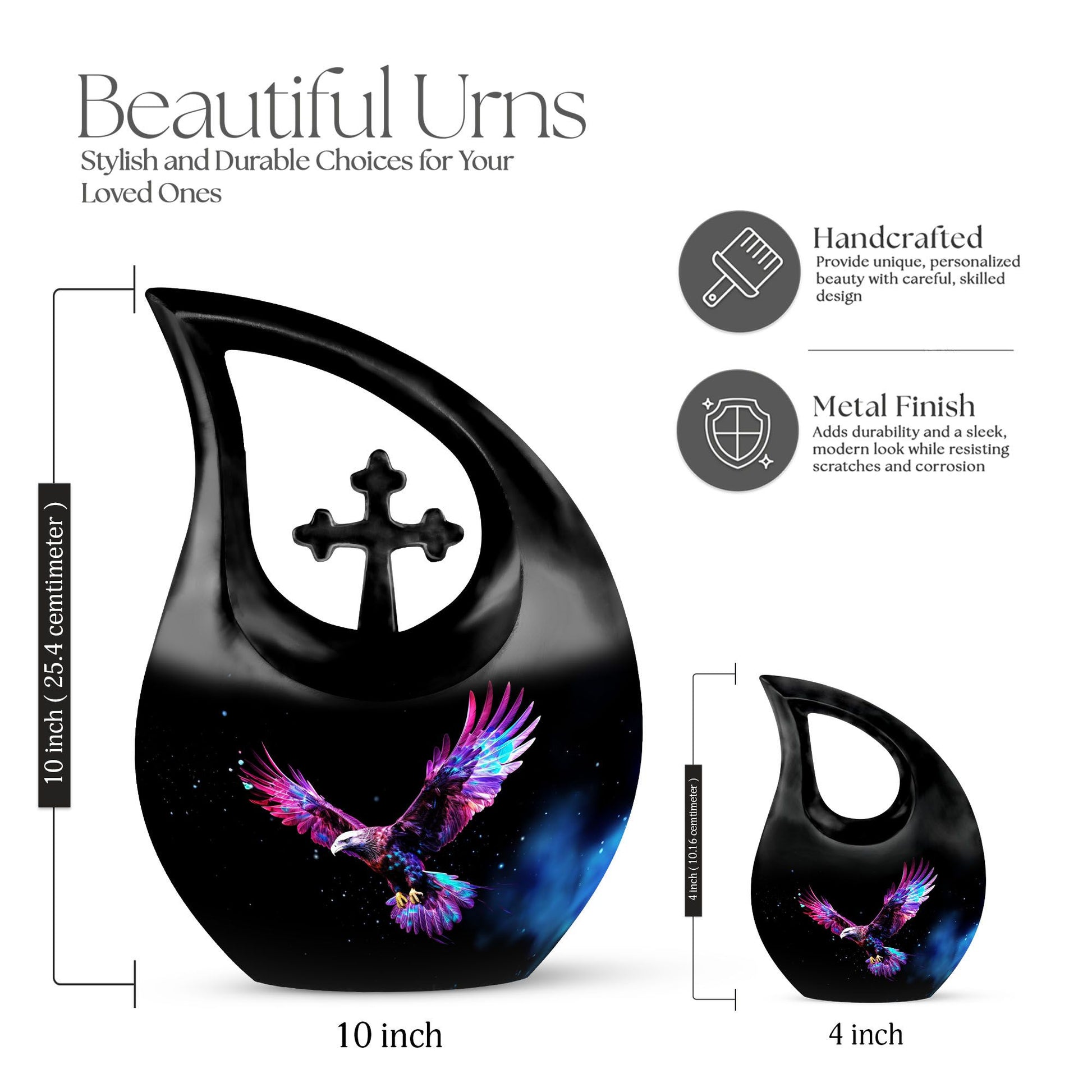 10-inch Eagle Urn with Cross Drop design, personalized 