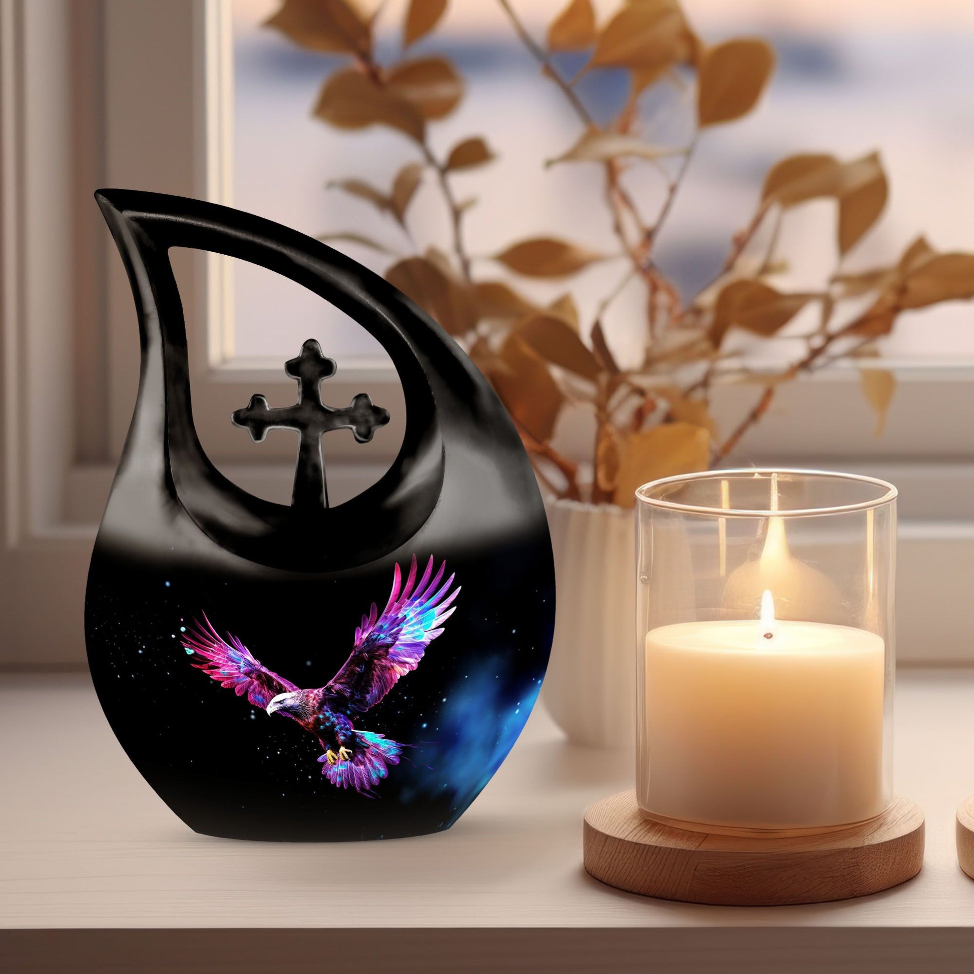 10-inch Eagle Urn with Cross Drop design, personalized 