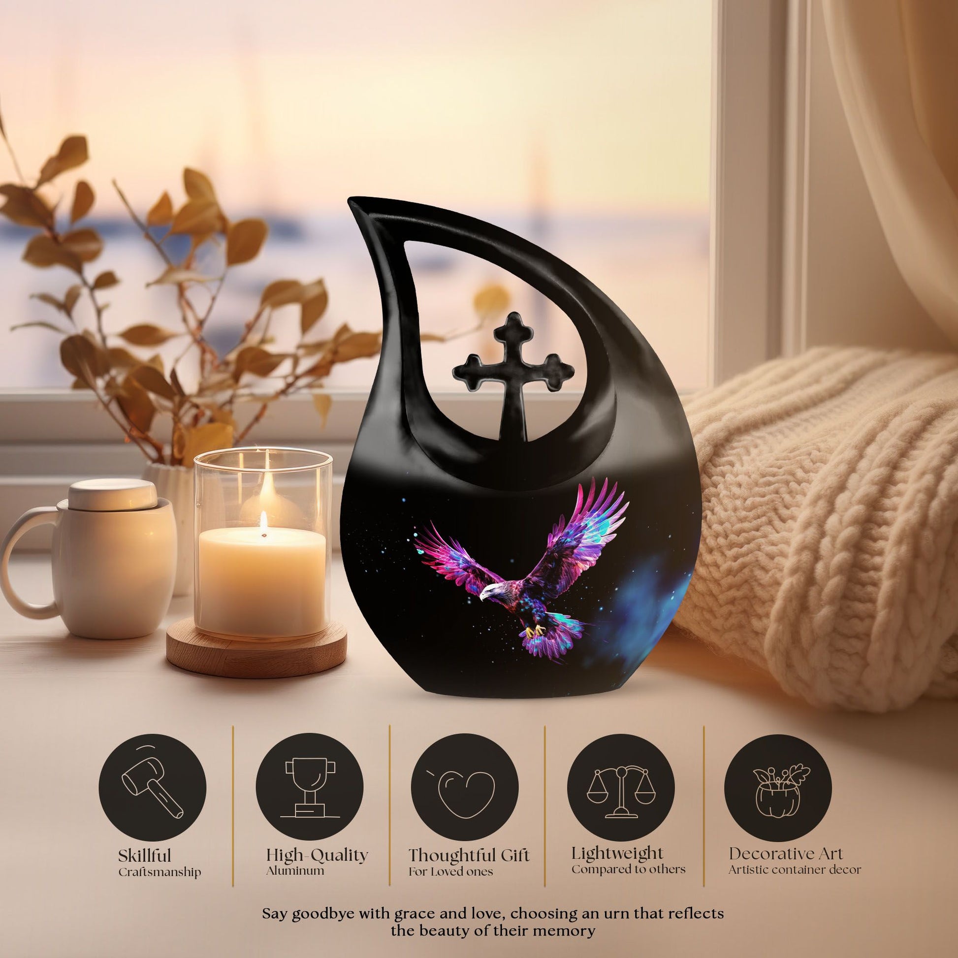 10-inch Eagle Urn with Cross Drop design, personalized 