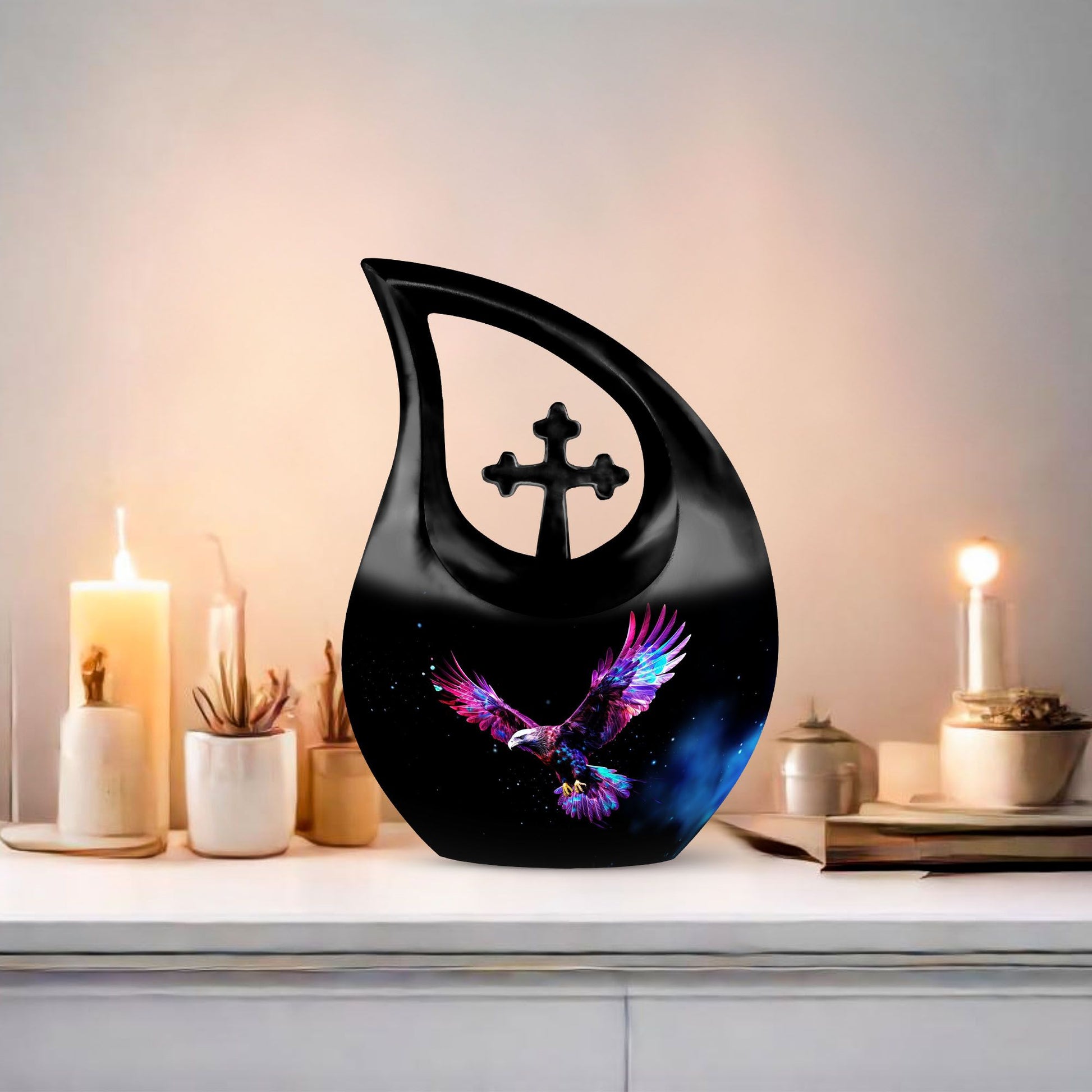 10-inch Eagle Urn with Cross Drop design, personalized 