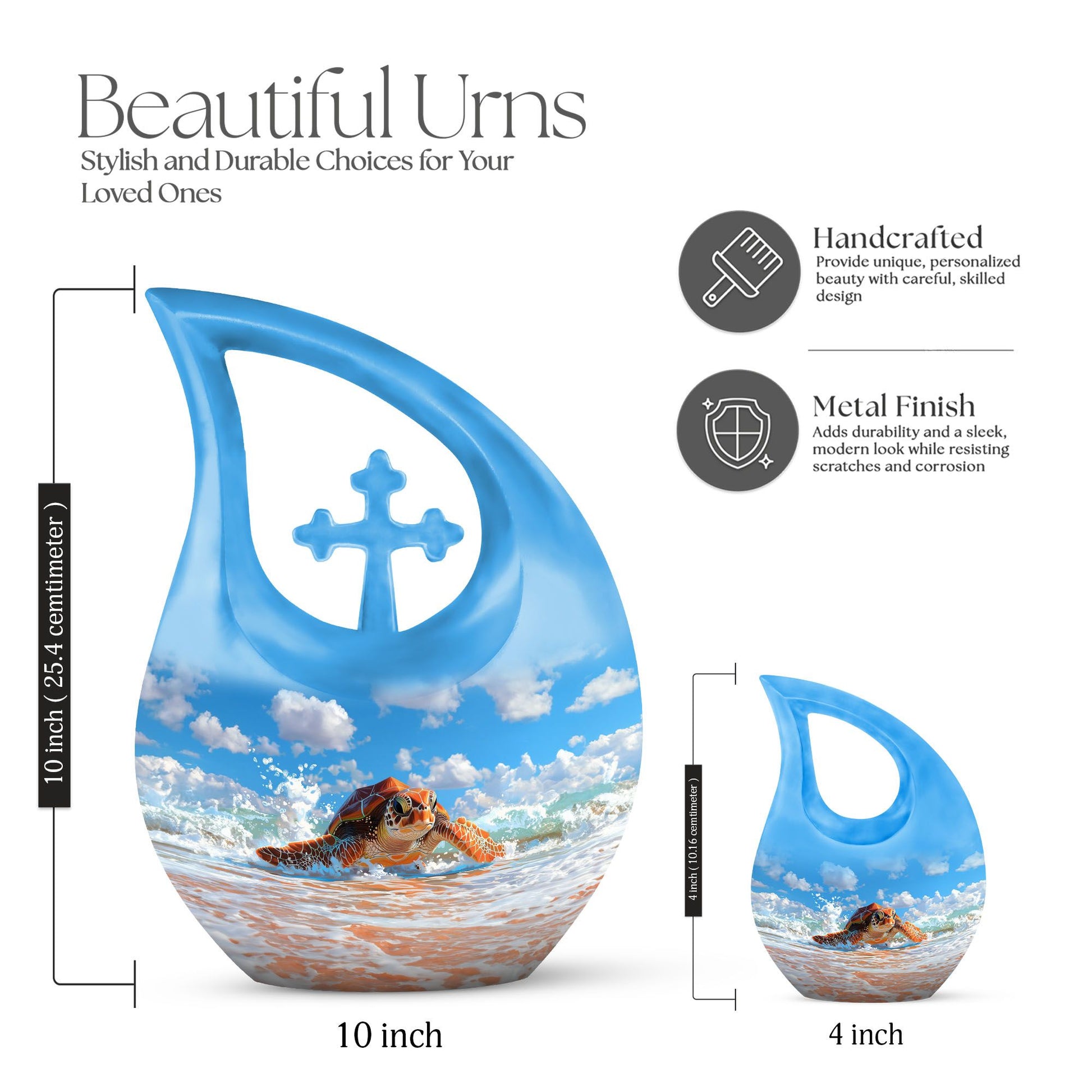 10 inch Turtle urn with Cross Drop design, 