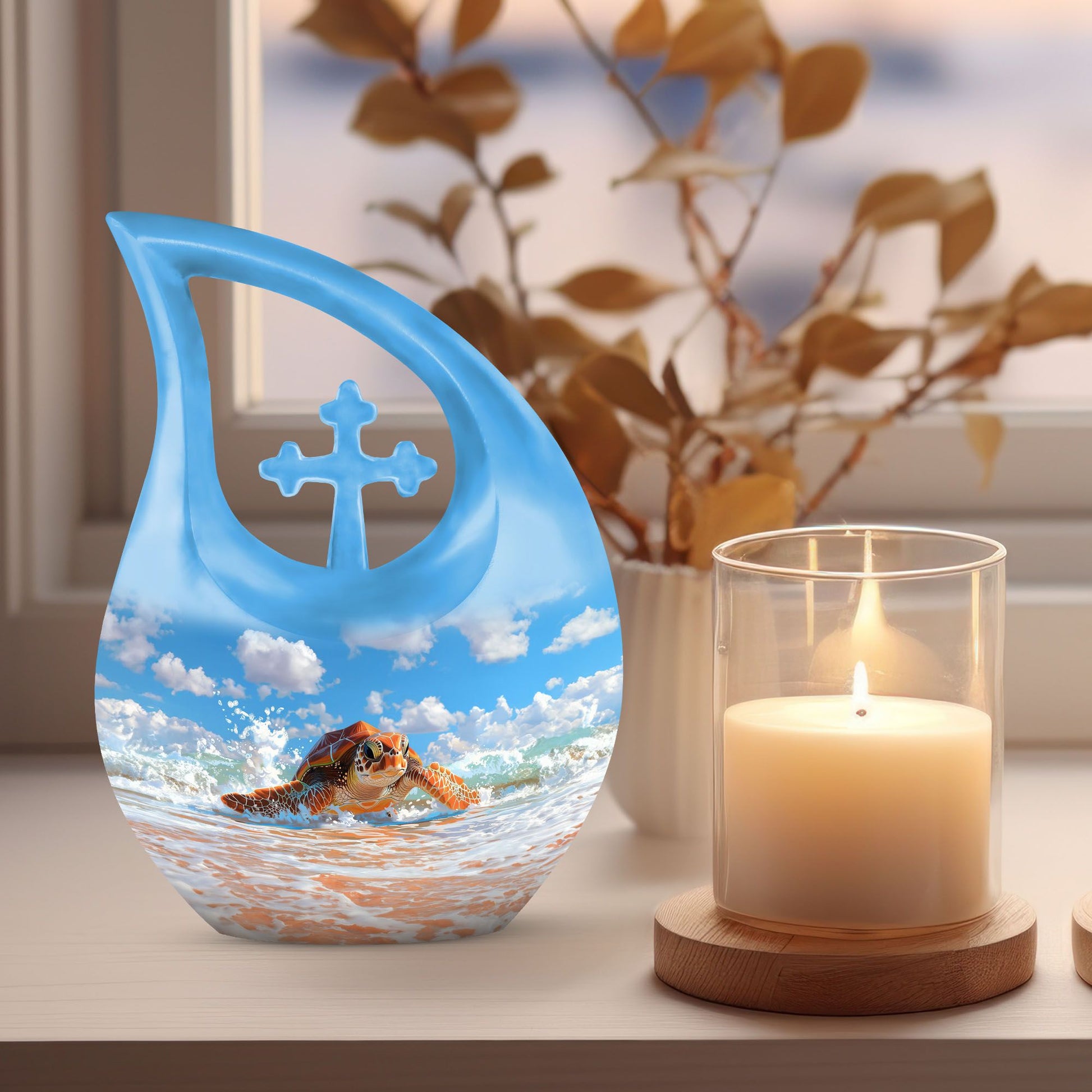 10 inch Turtle urn with Cross Drop design, 