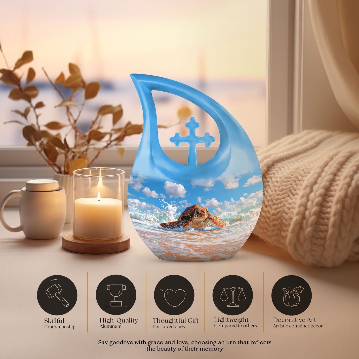 10 inch Turtle urn with Cross Drop design, 