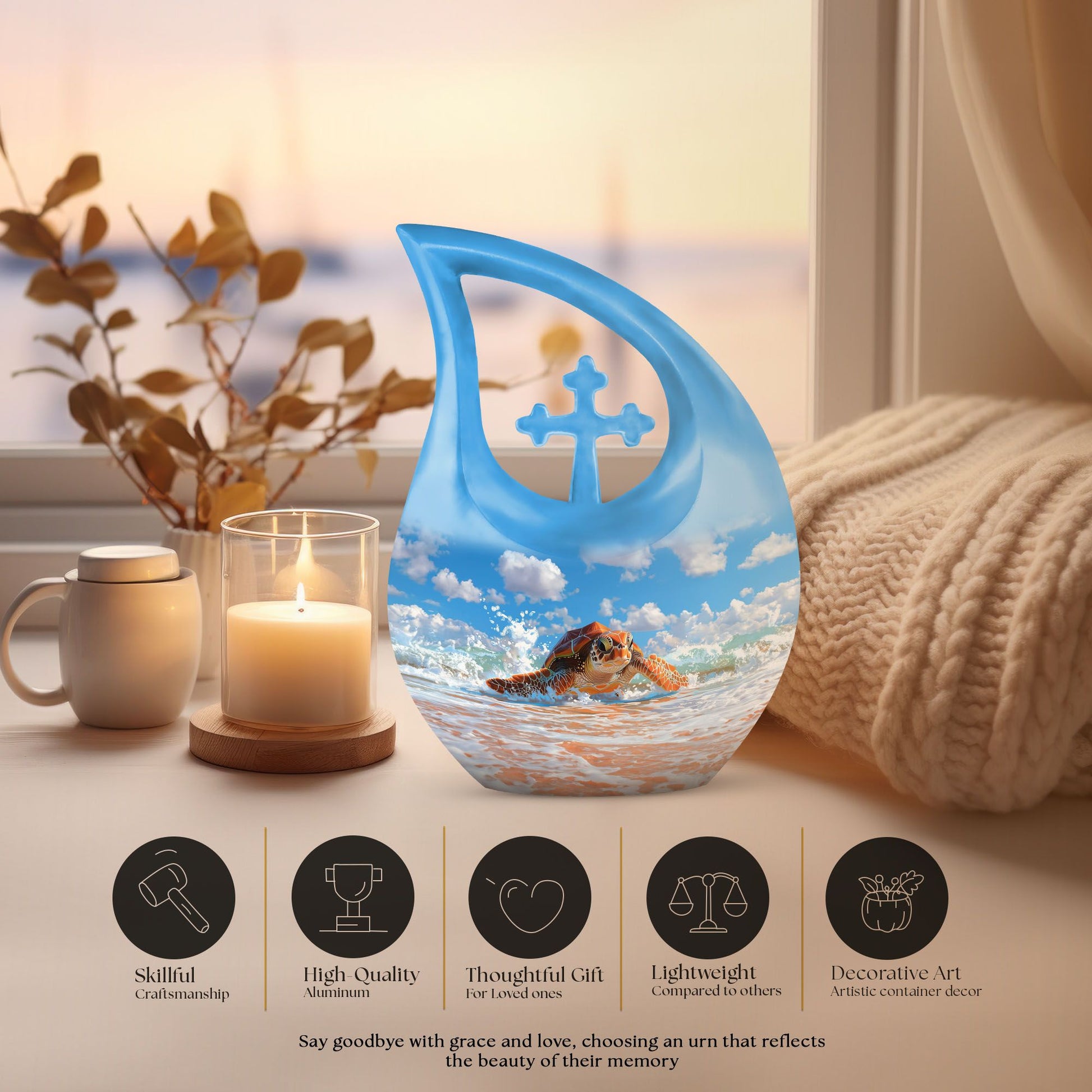 10 inch Turtle urn with Cross Drop design, 