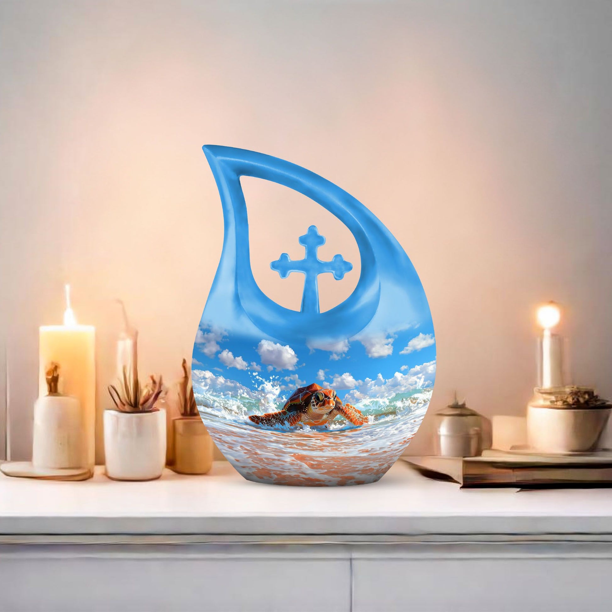 10 inch Turtle urn with Cross Drop design, 