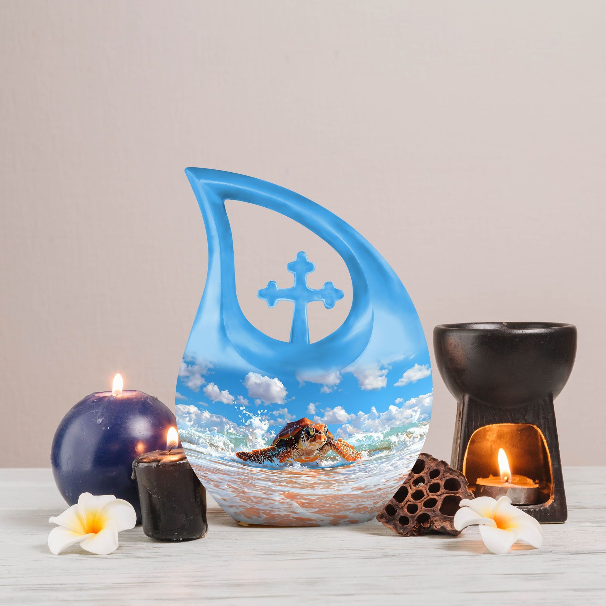 10 inch Turtle urn with Cross Drop design, 