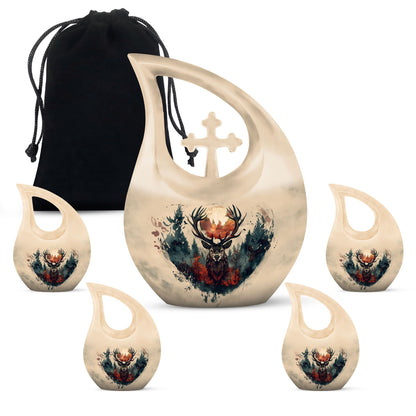 10 Inch Deer Themed Cross Drop Large Aluminium Cremation Urn