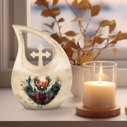 10 Inch Deer Themed Cross Drop Large Aluminium Cremation Urn