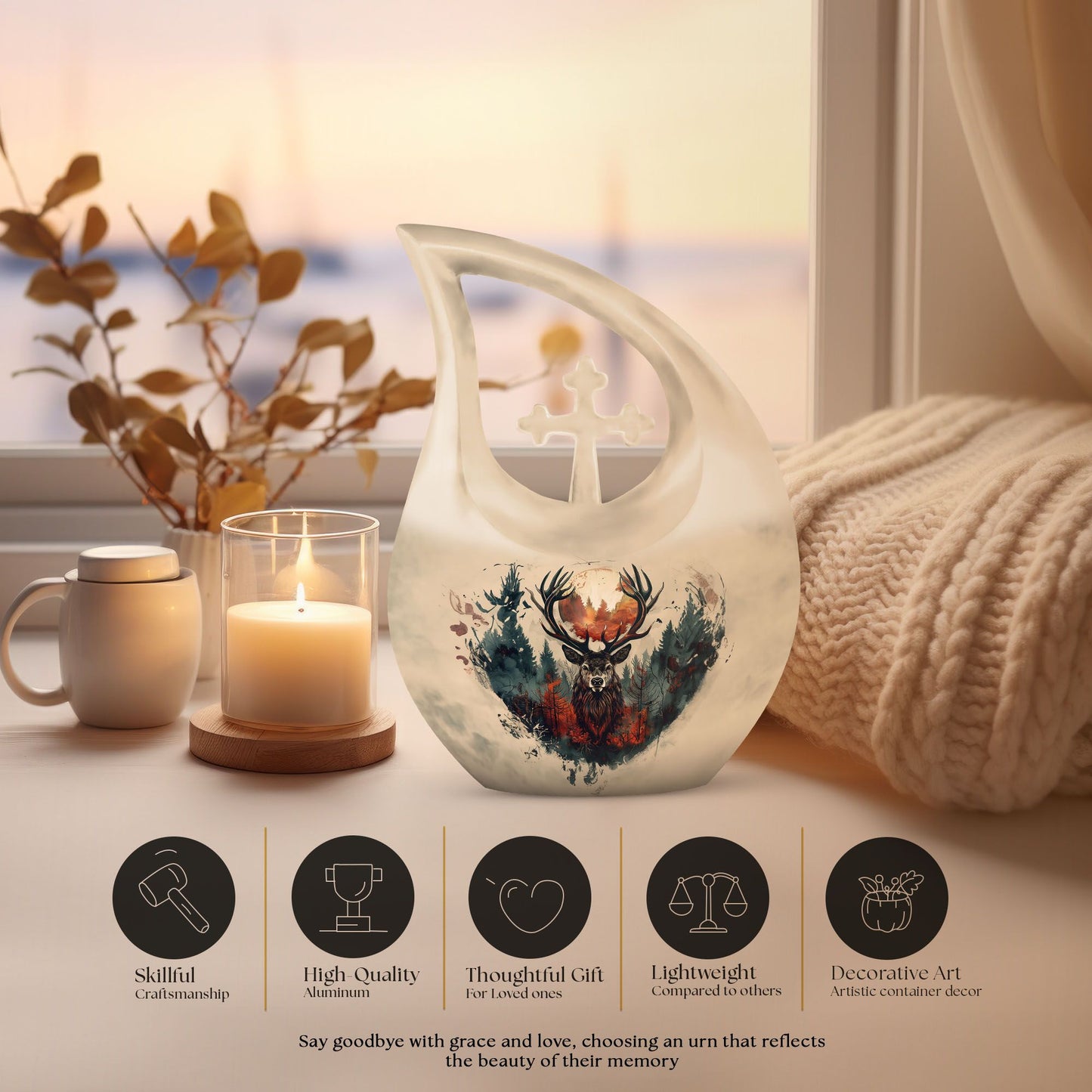 10 Inch Deer Themed Cross Drop Large Aluminium Cremation Urn