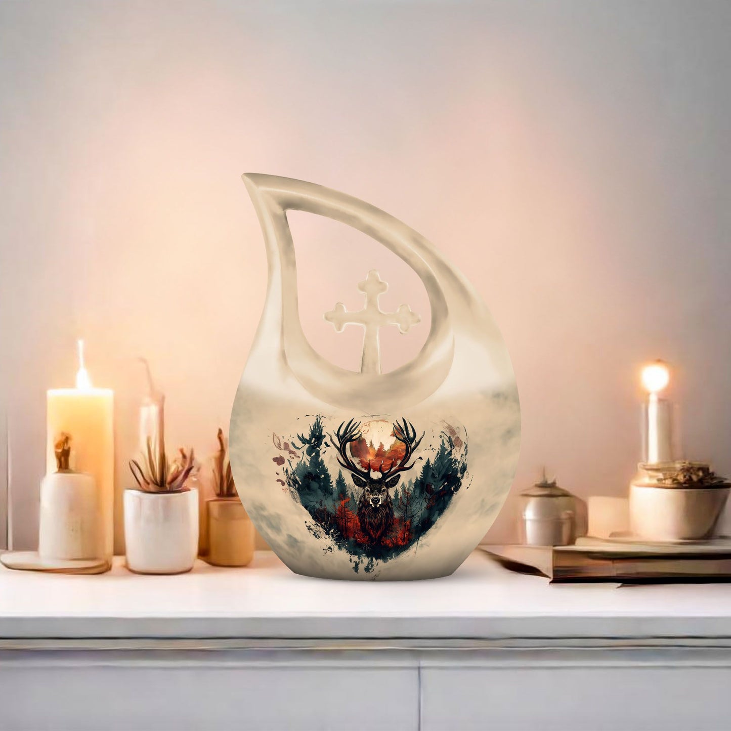 10 Inch Deer Themed Cross Drop Large Aluminium Cremation Urn