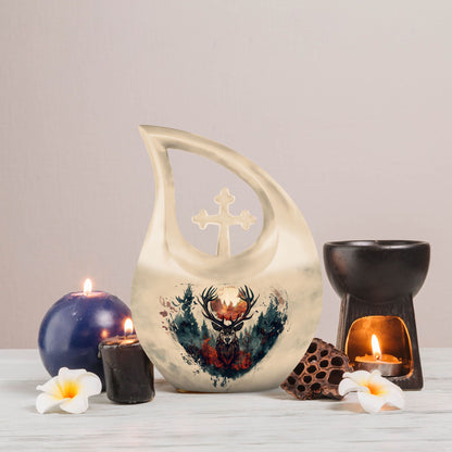 10 Inch Deer Themed Cross Drop Large Aluminium Cremation Urn