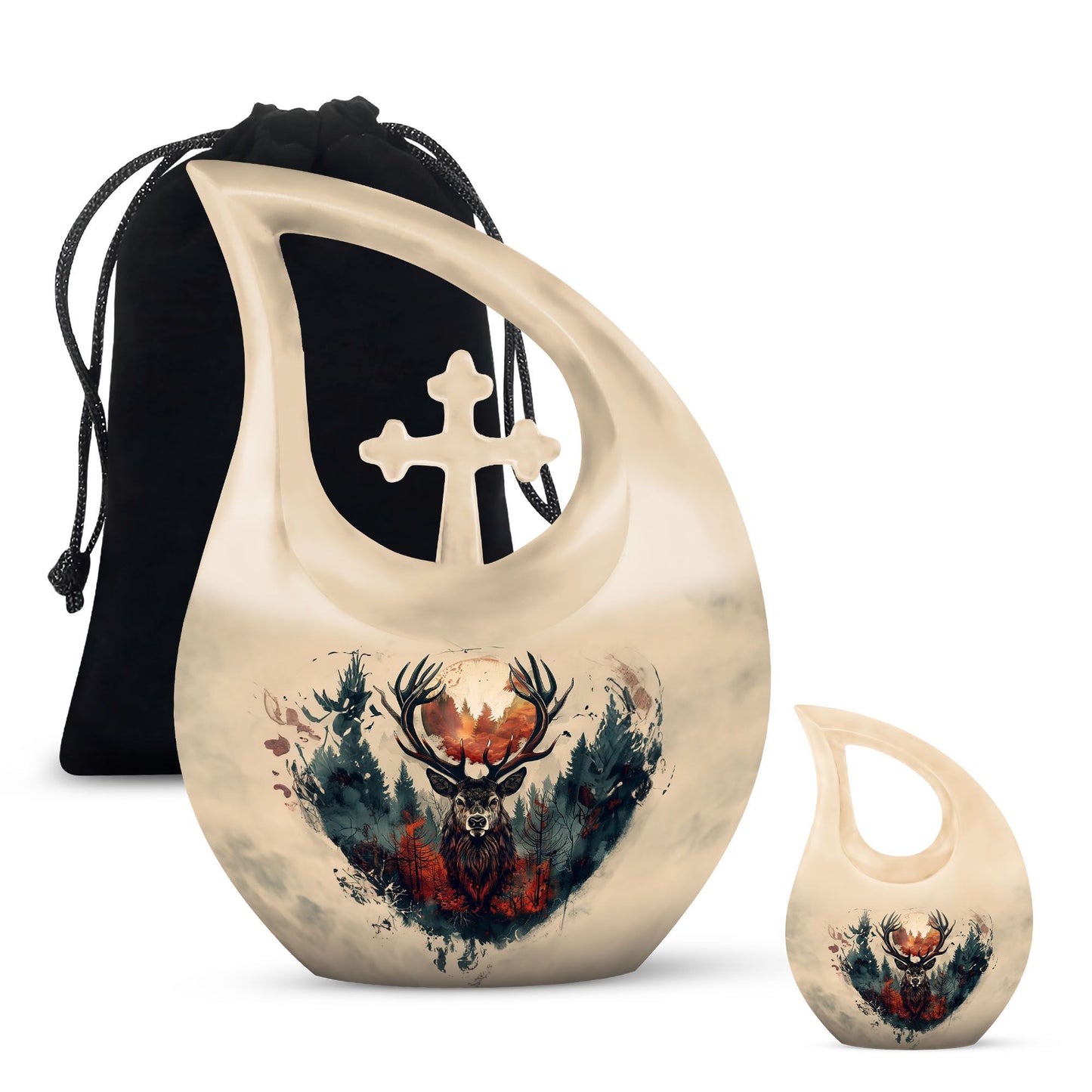 10 Inch Deer Themed Cross Drop Large Aluminium Cremation Urn