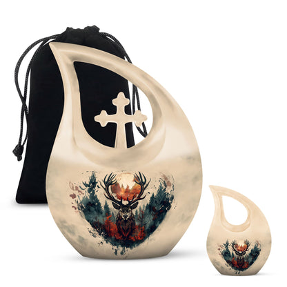10 Inch Deer Themed Cross Drop Large Aluminium Cremation Urn
