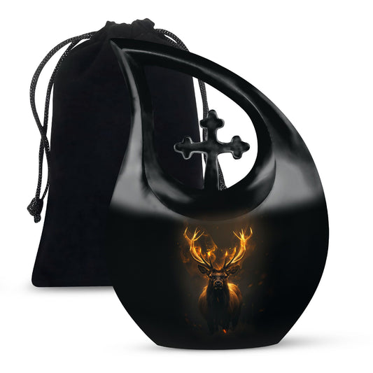 10-inch Deer Themed Memorial Urn with Cross Drop Design,