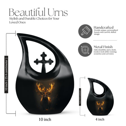 10-inch Deer Themed Memorial Urn with Cross Drop Design,