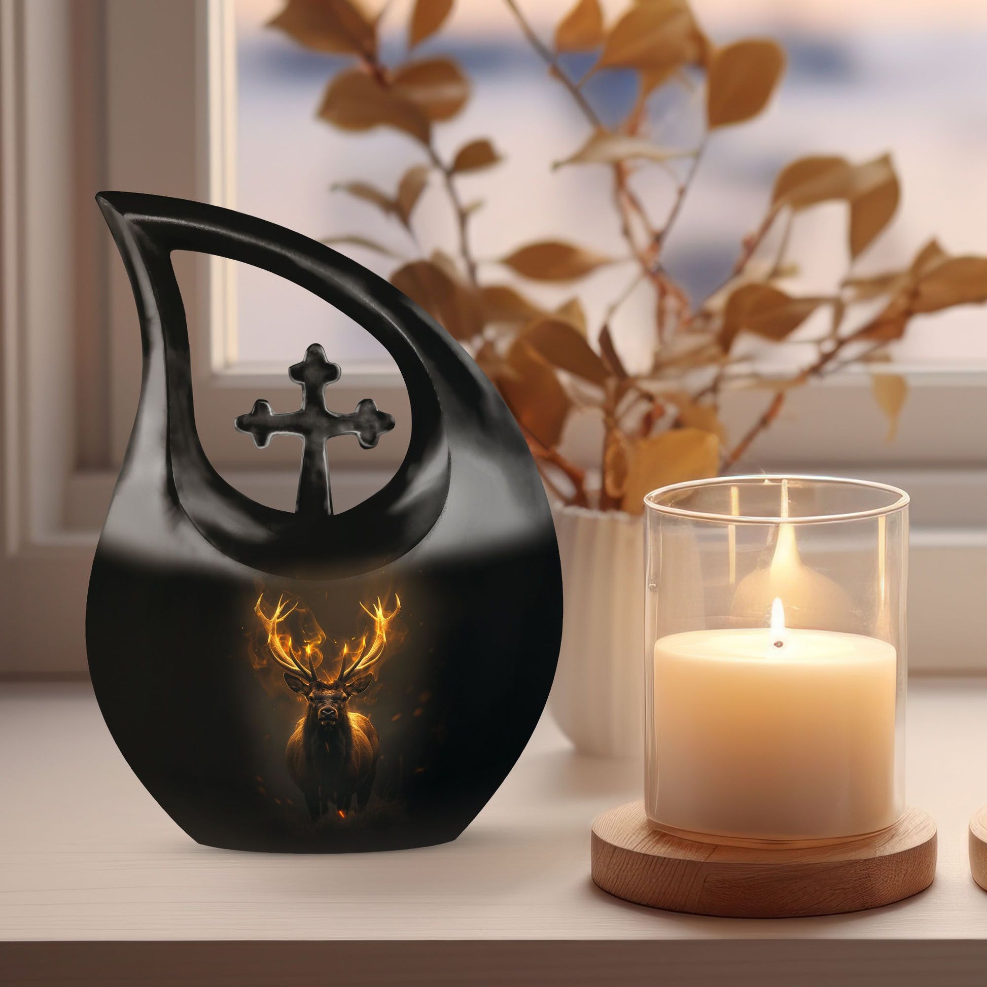 10-inch Deer Themed Memorial Urn with Cross Drop Design,