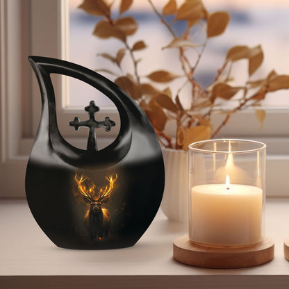 10-inch Deer Themed Memorial Urn with Cross Drop Design,