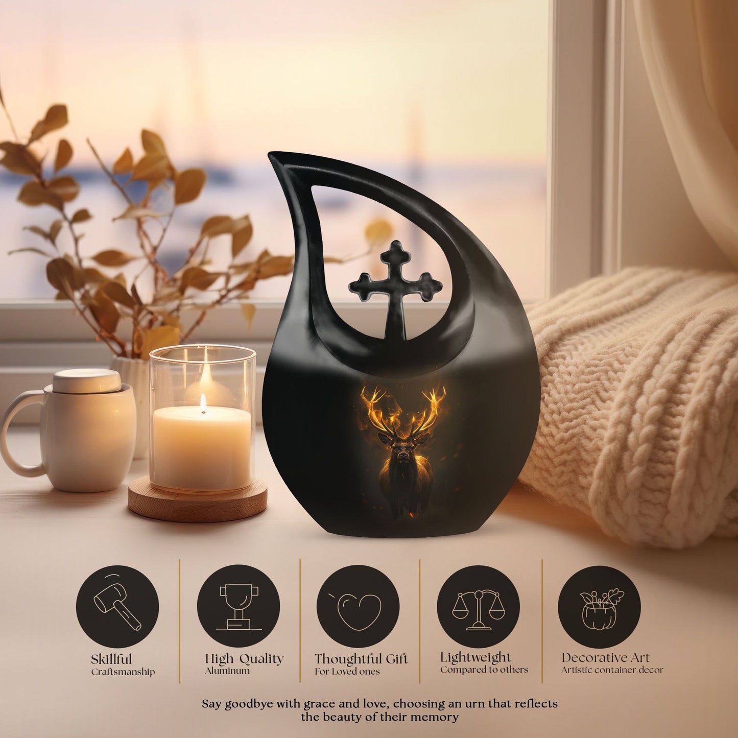 10-inch Deer Themed Memorial Urn with Cross Drop Design,