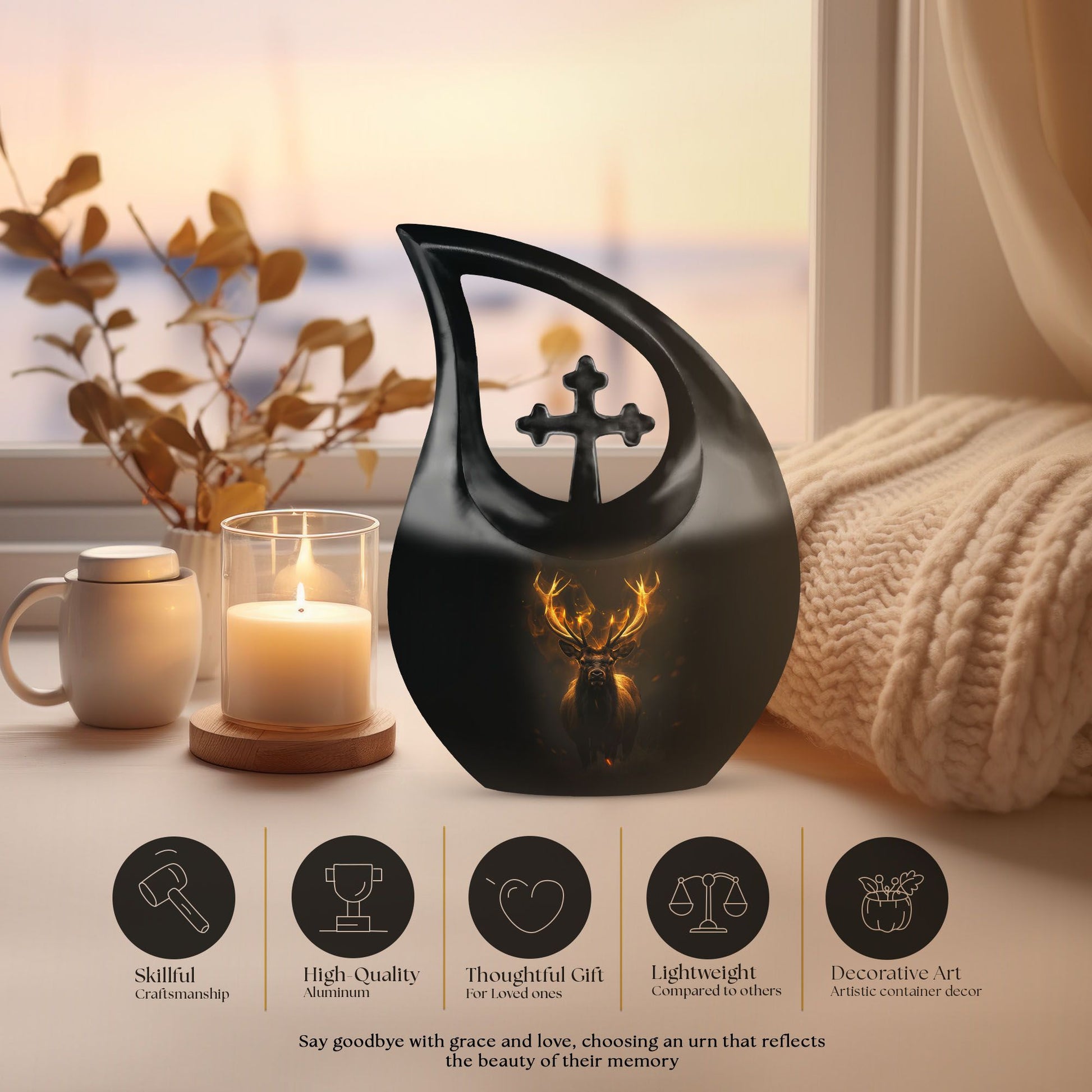 10-inch Deer Themed Memorial Urn with Cross Drop Design,
