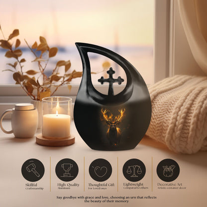 10-inch Deer Themed Memorial Urn with Cross Drop Design,