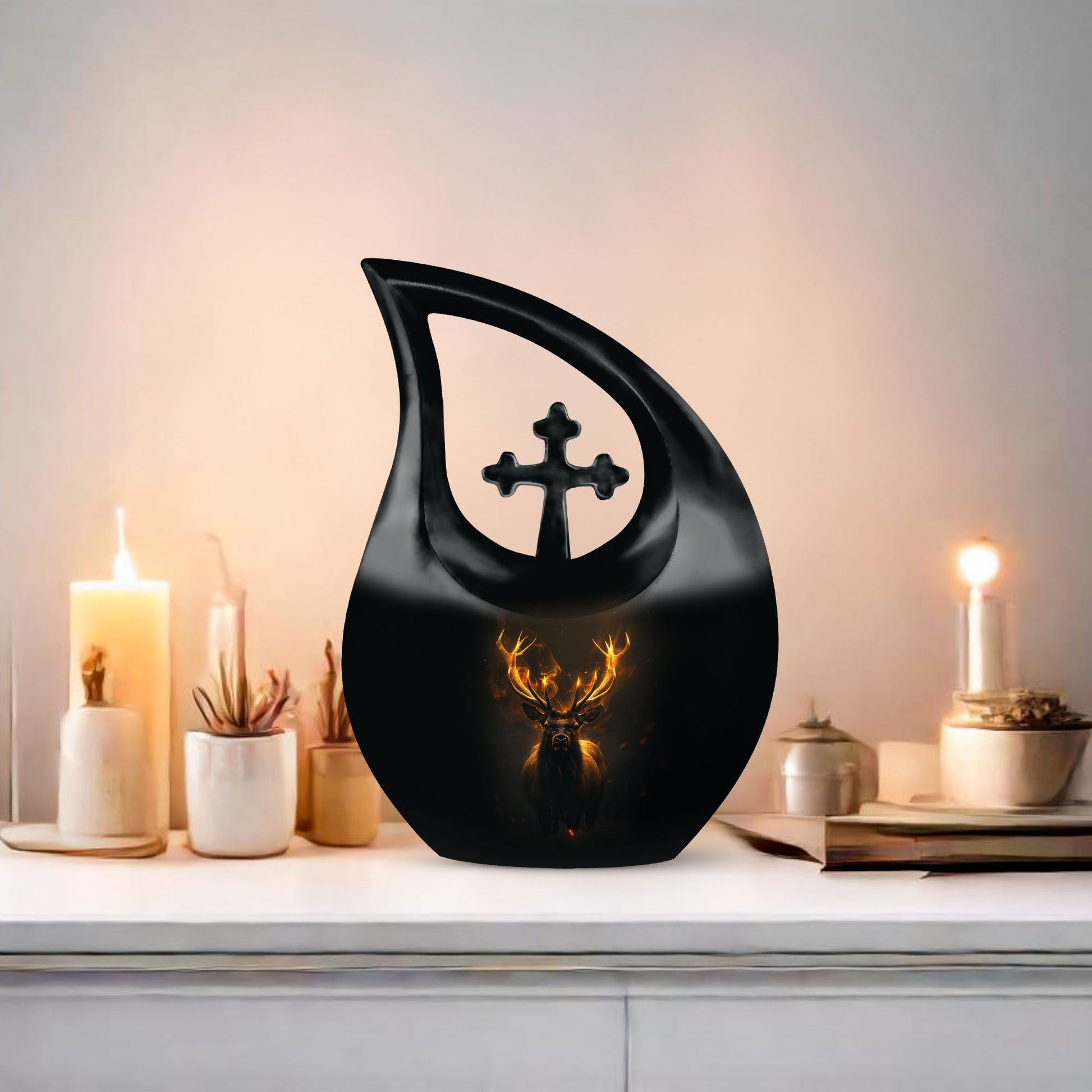 10-inch Deer Themed Memorial Urn with Cross Drop Design,