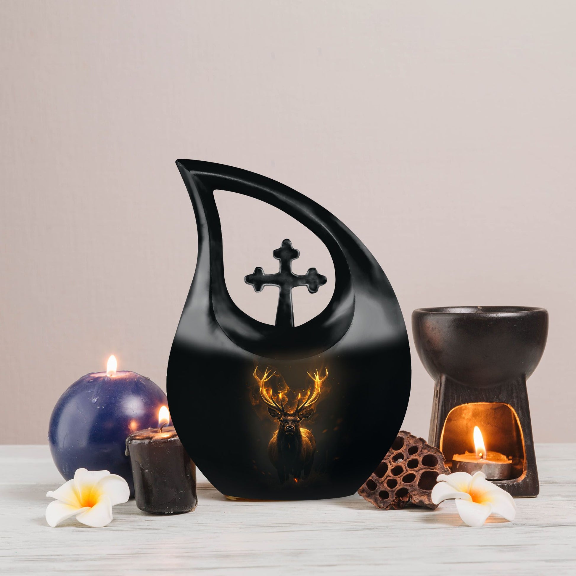 10-inch Deer Themed Memorial Urn with Cross Drop Design,