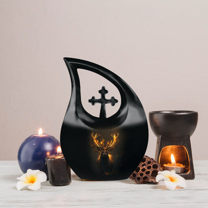 10-inch Deer Themed Memorial Urn with Cross Drop Design,
