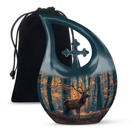 10-inch deer themed memorial urn with Cross Drop Urn 