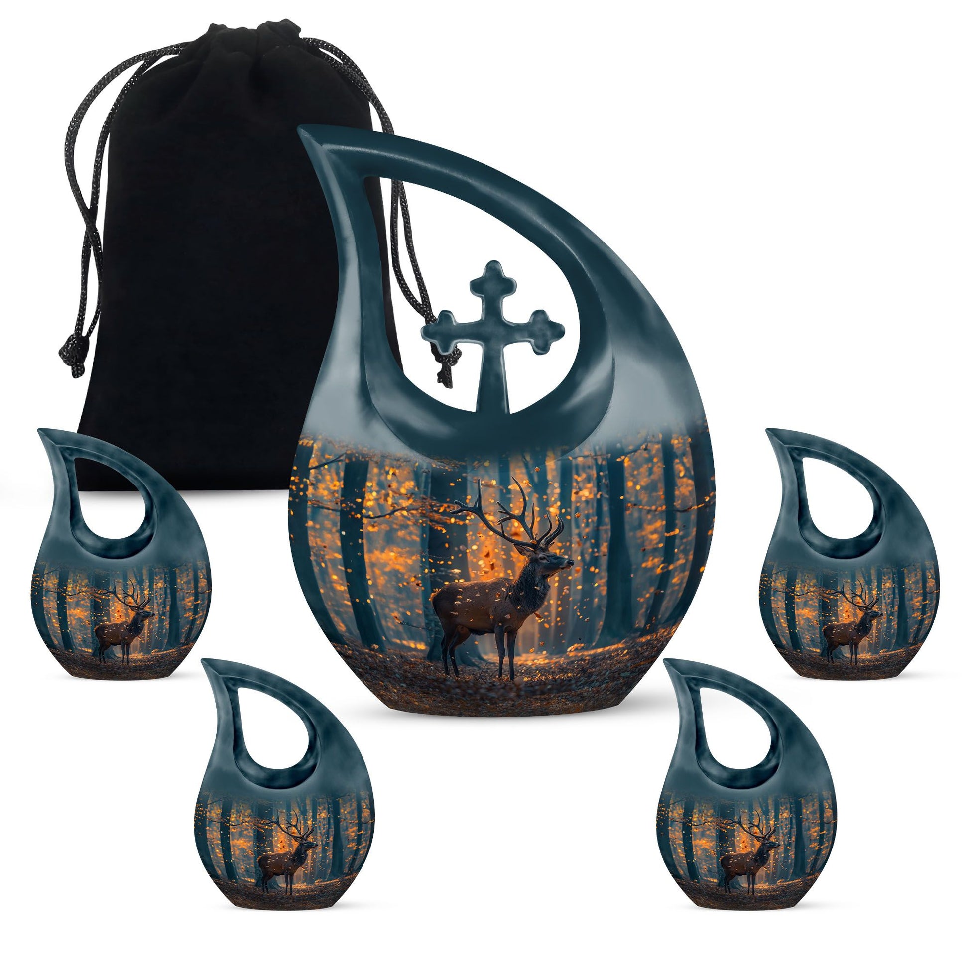 10-inch deer themed memorial urn with Cross Drop Urn 