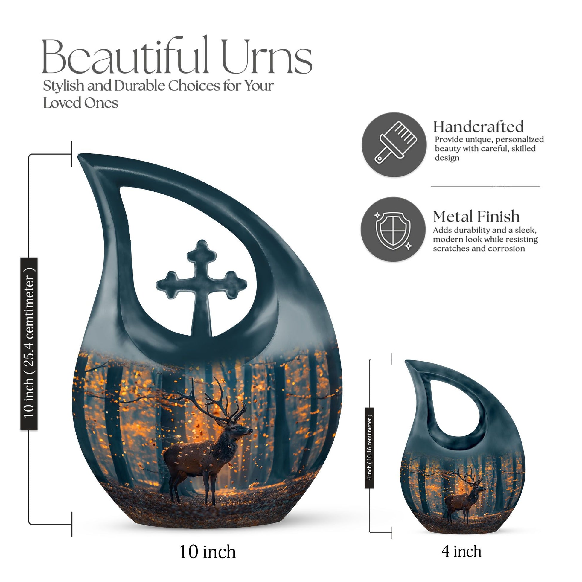 10-inch deer themed memorial urn with Cross Drop Urn 