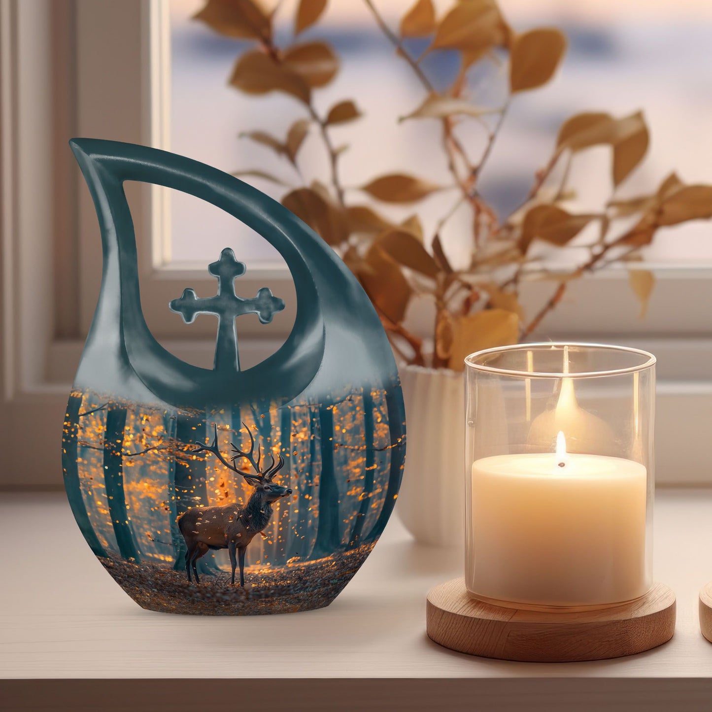 10-inch deer themed memorial urn with Cross Drop Urn 