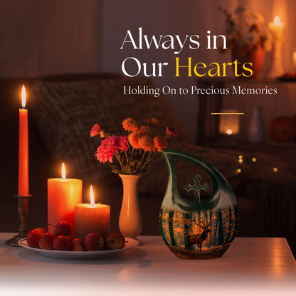 10-inch deer themed memorial urn with Cross Drop Urn 
