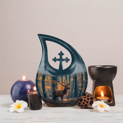 10-inch deer themed memorial urn with Cross Drop Urn 