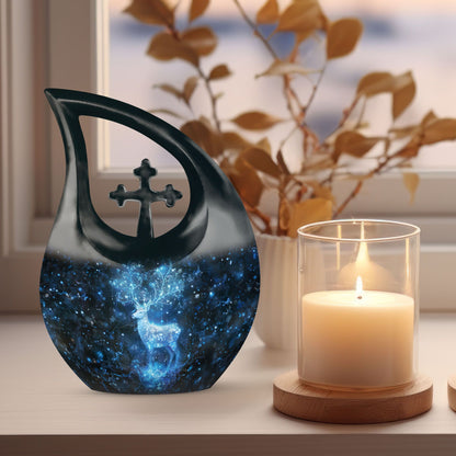 10-inch Deer-themed Memorial Urn with Cross Drop design