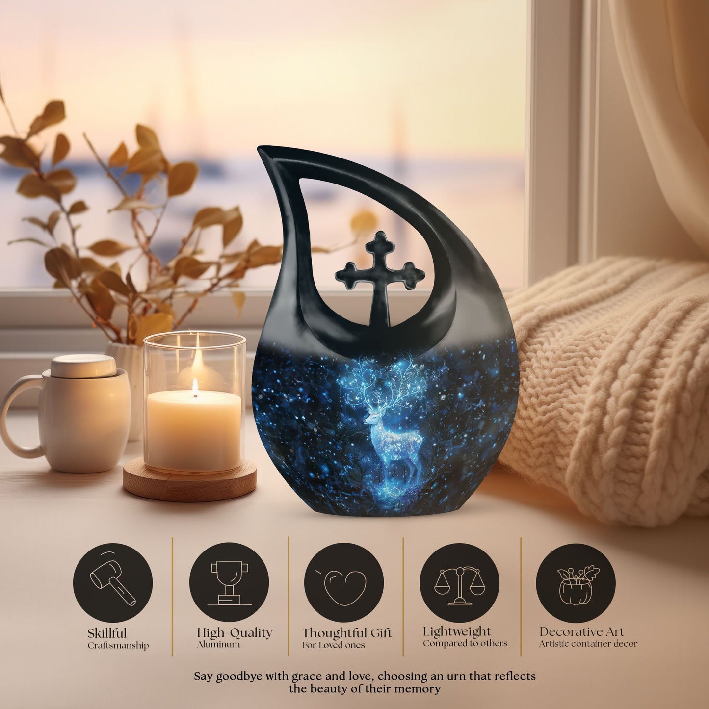 10-inch Deer-themed Memorial Urn with Cross Drop design