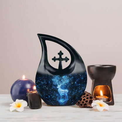 10-inch Deer-themed Memorial Urn with Cross Drop design