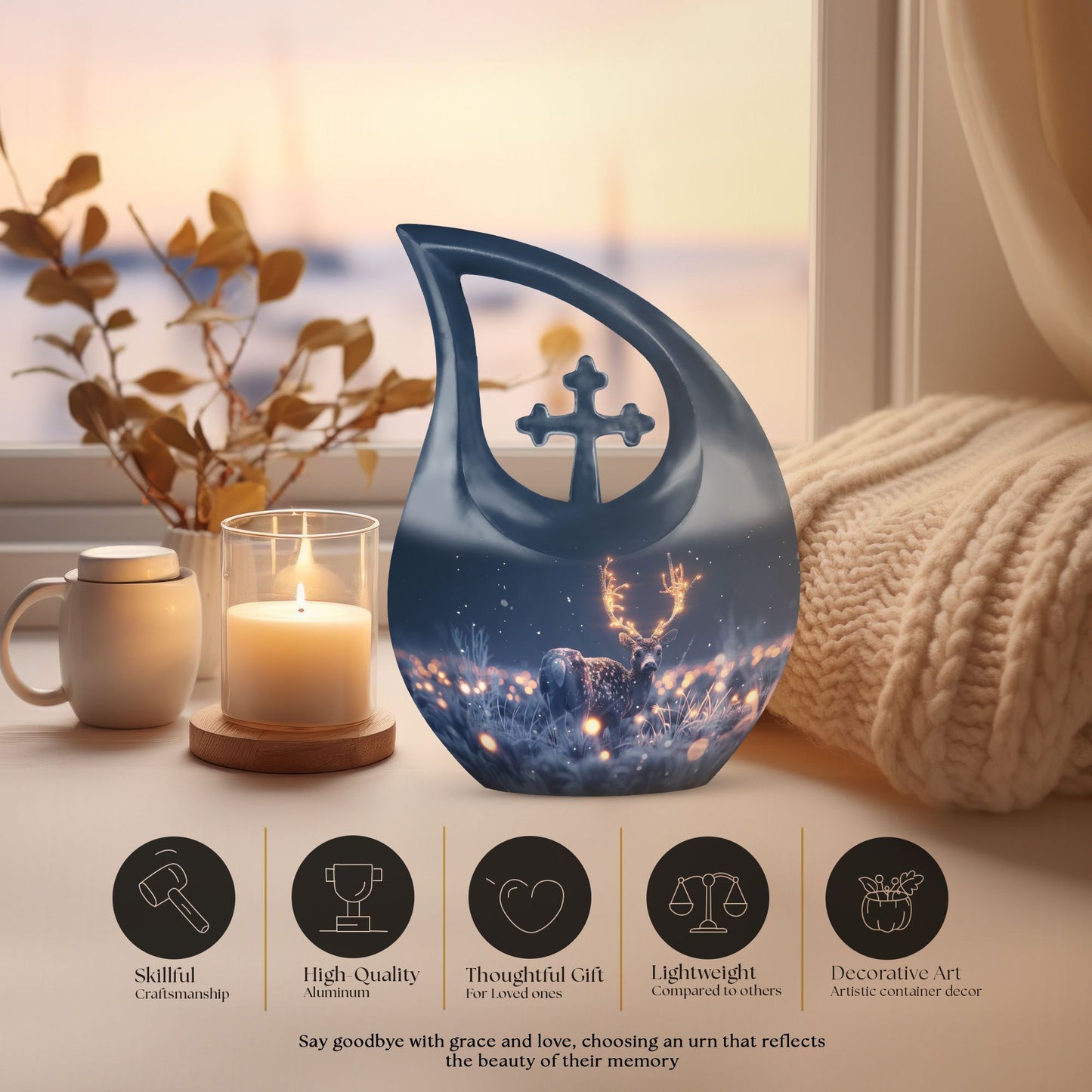 10-inch large deer urn made of aluminium with cross 