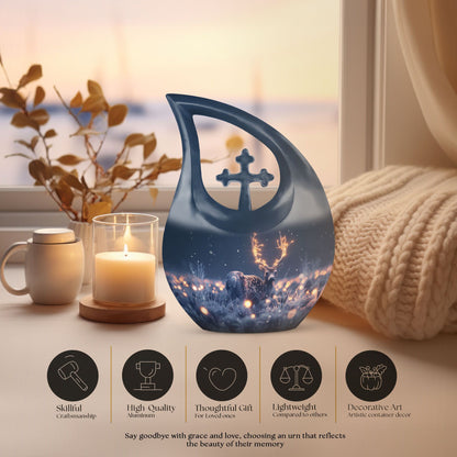10-inch large deer urn made of aluminium with cross 