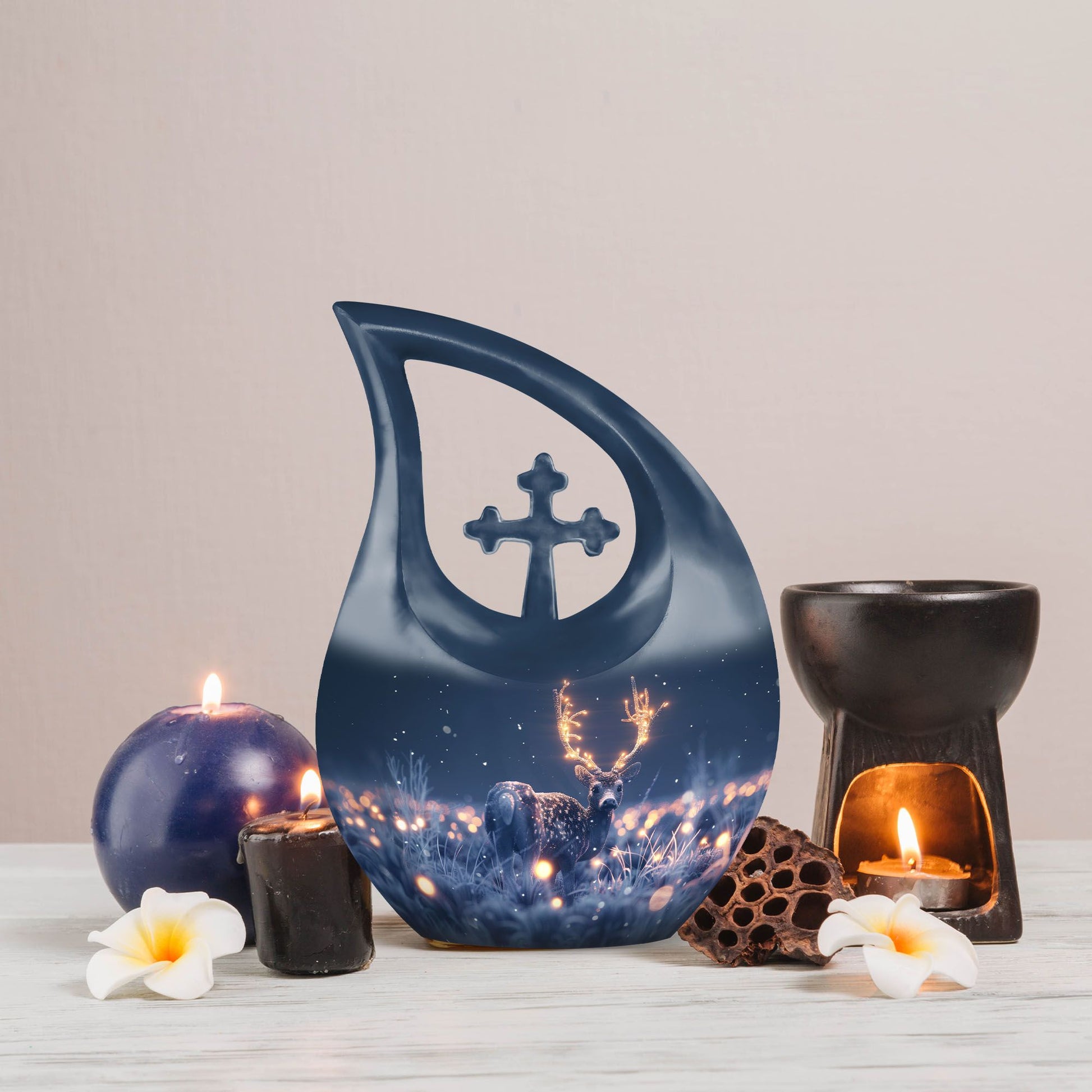 10-inch large deer urn made of aluminium with cross 