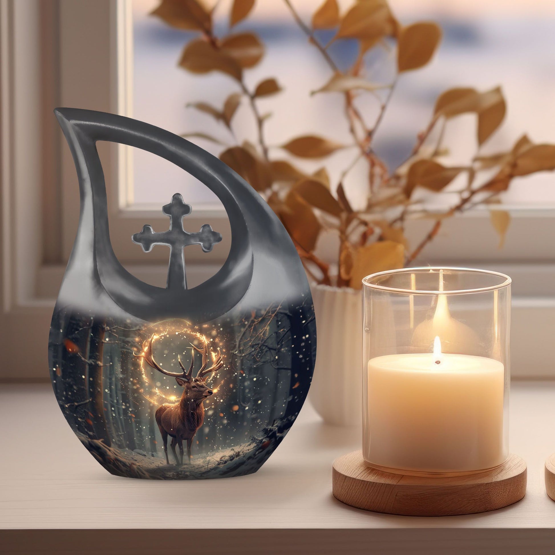  Deer Urn with Cross Drop design, a personalized