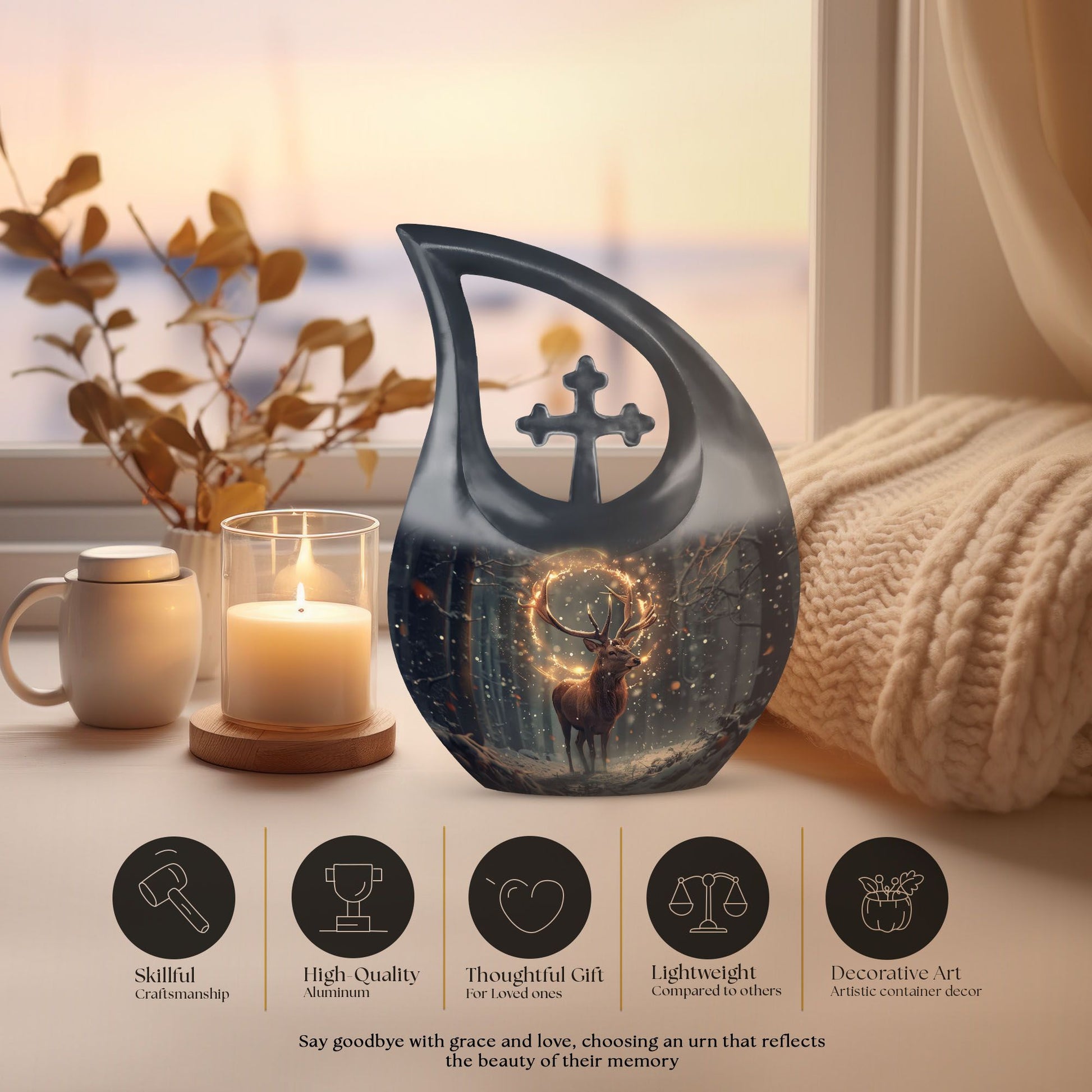  Deer Urn with Cross Drop design, a personalized
