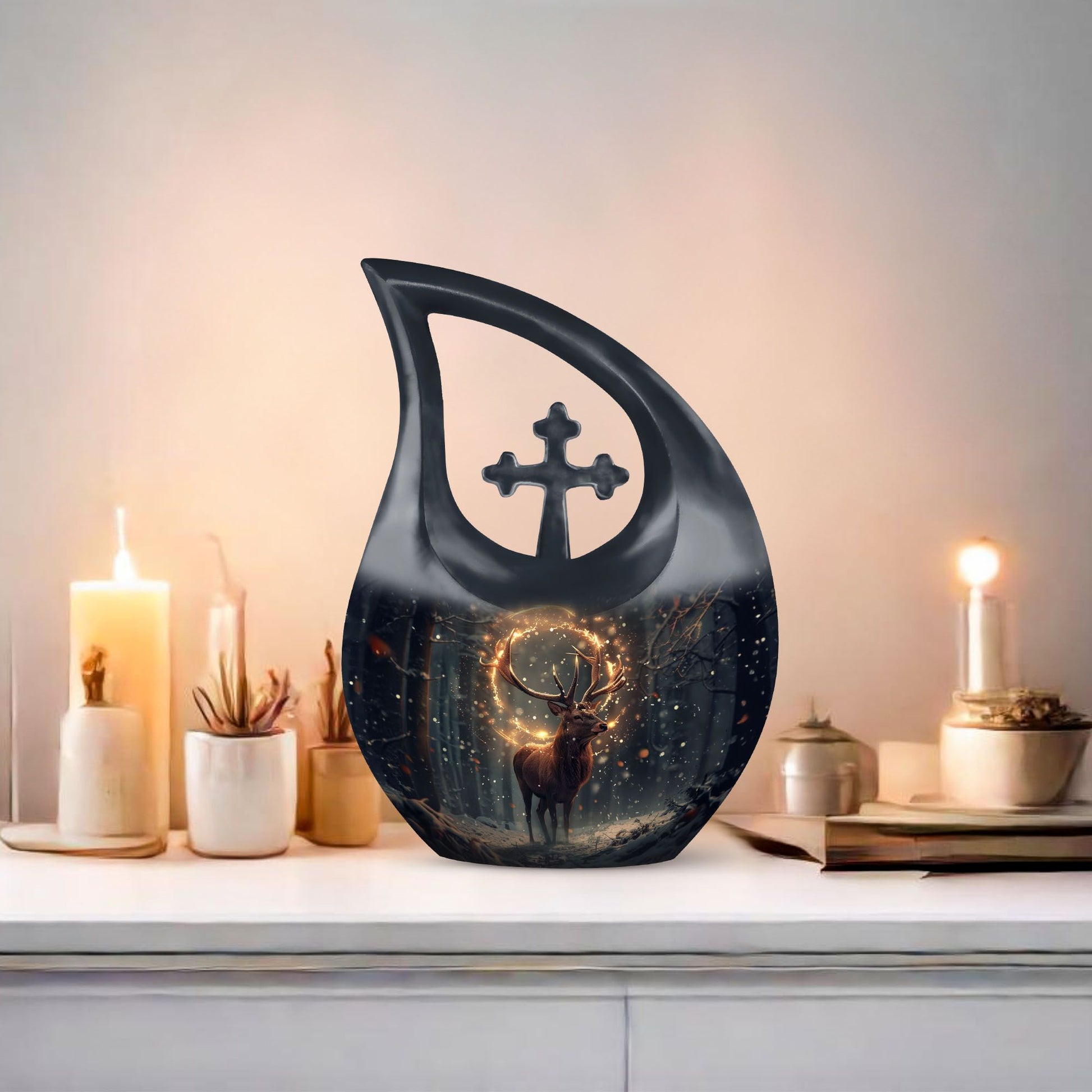  Deer Urn with Cross Drop design, a personalized