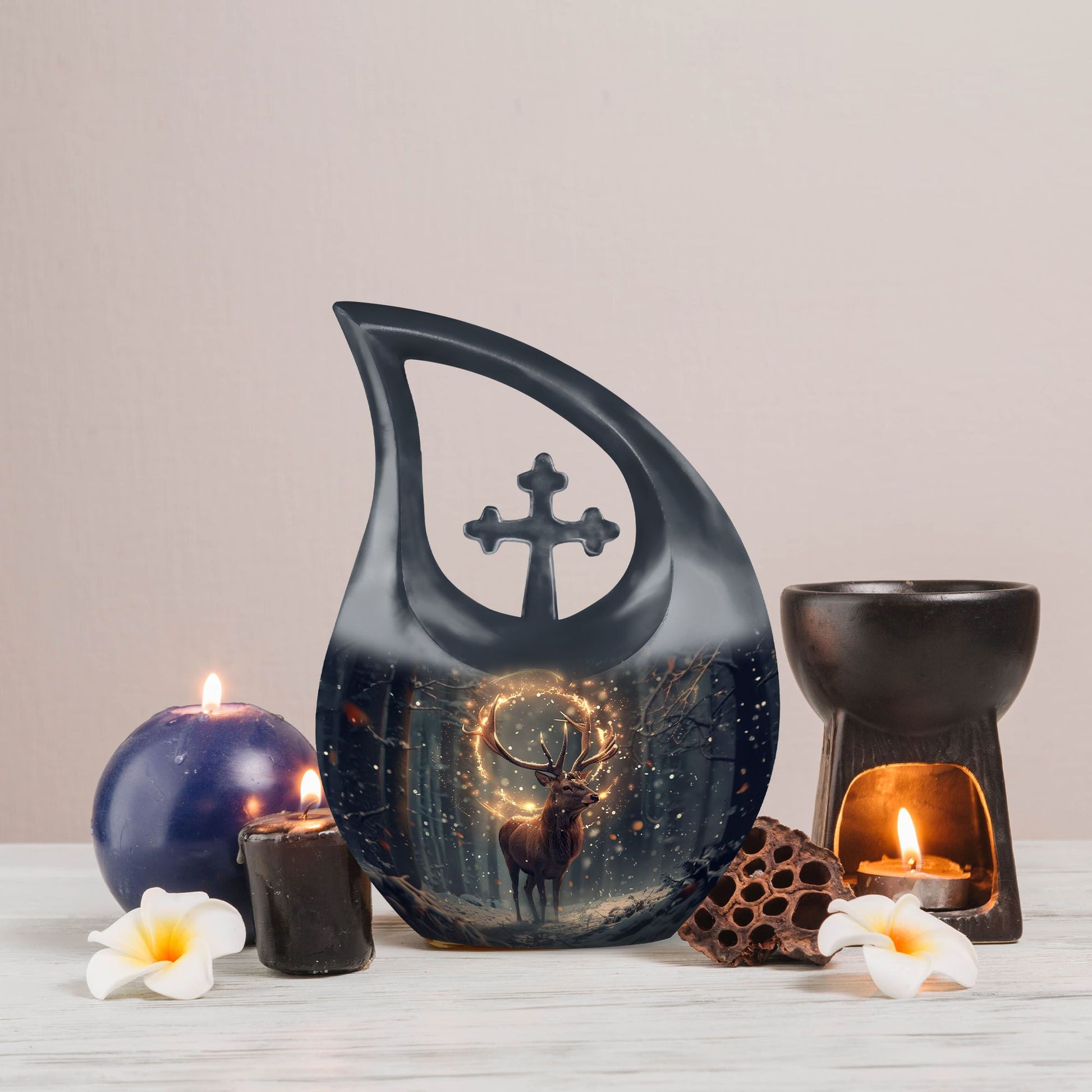  Deer Urn with Cross Drop design, a personalized
