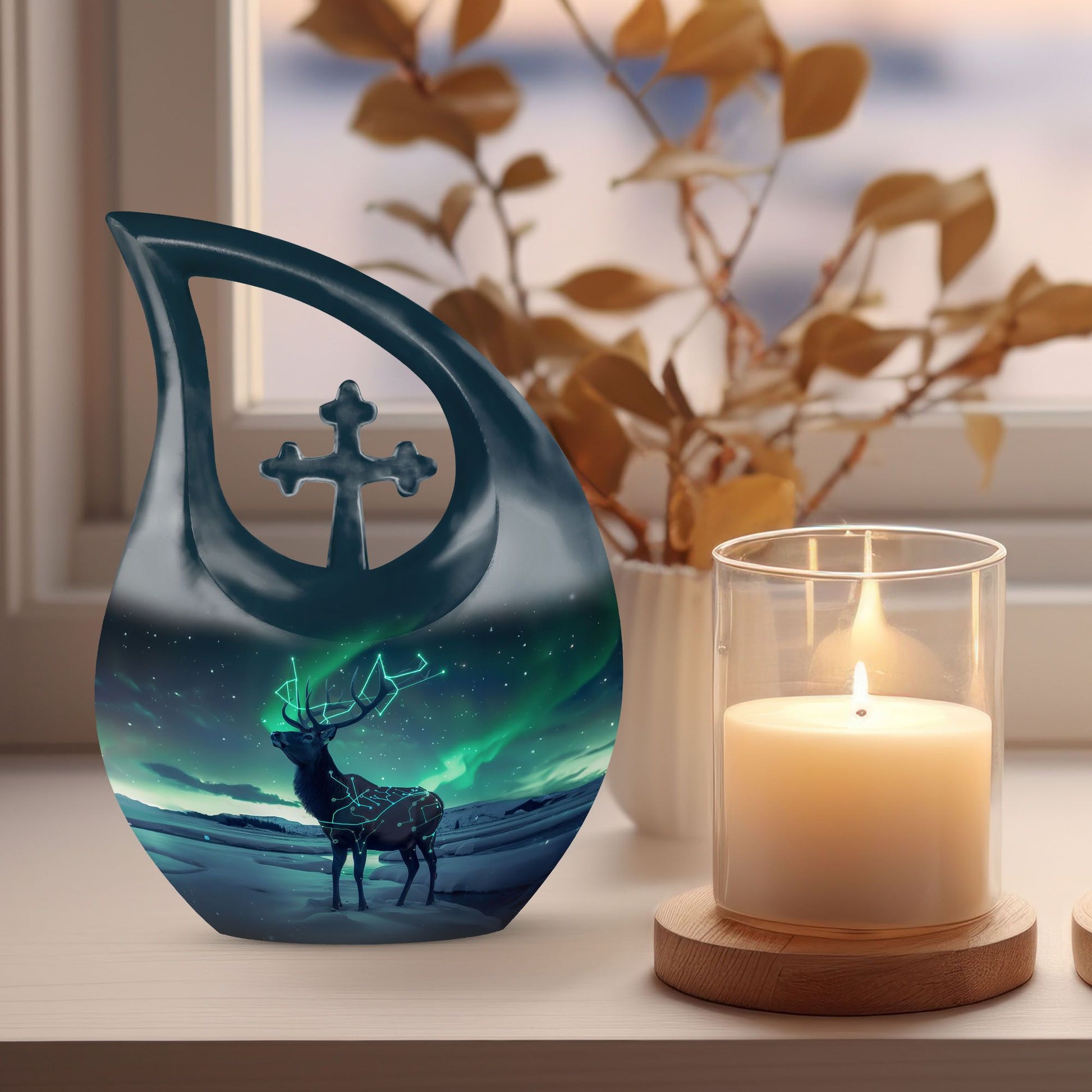 Affordable 10-inch Deer Urn with Cross Drop 