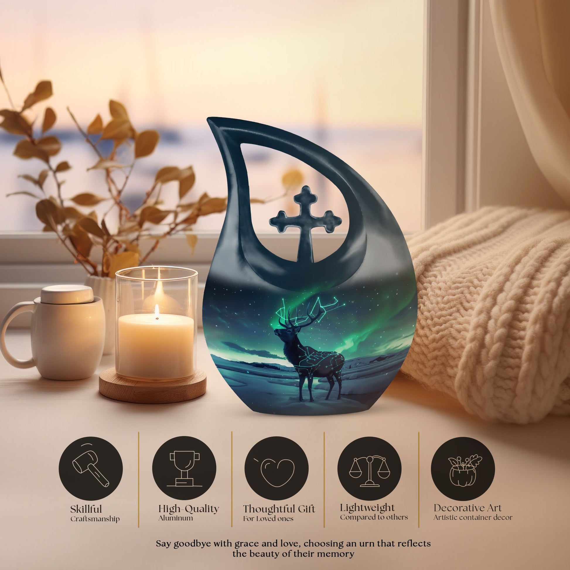 Affordable 10-inch Deer Urn with Cross Drop 